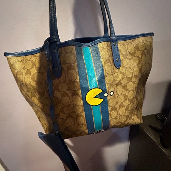 Coach Pac-Man Large Tote Reversible Coated Canvas Blue Stripe - Picture 3 of 12